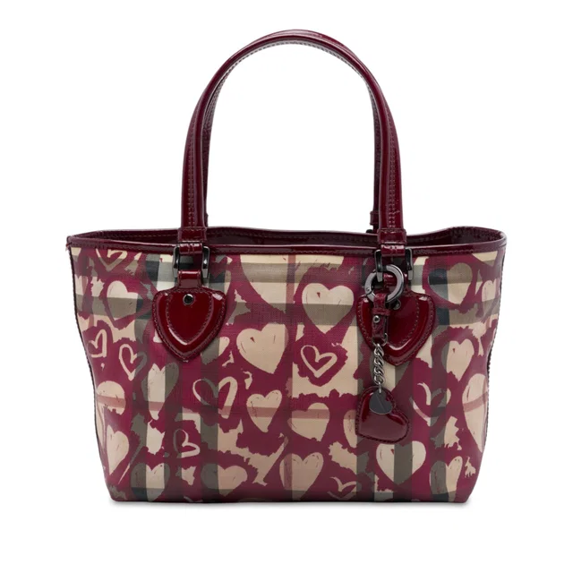 Red Burberry House Check Coated Canvas Hearts Gracie Tote in Red Coated canvas from Designer Revival