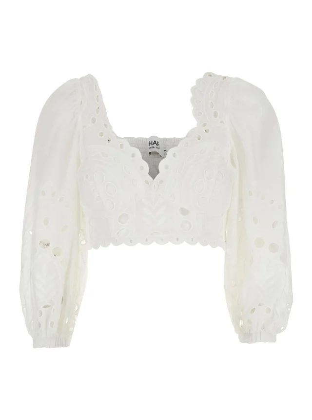 'Luna' White Top with Deep Neckline and Intricate Embroidery in Cotton Blend for Women in White, image 1 of 1 from Gaudenzi Boutique