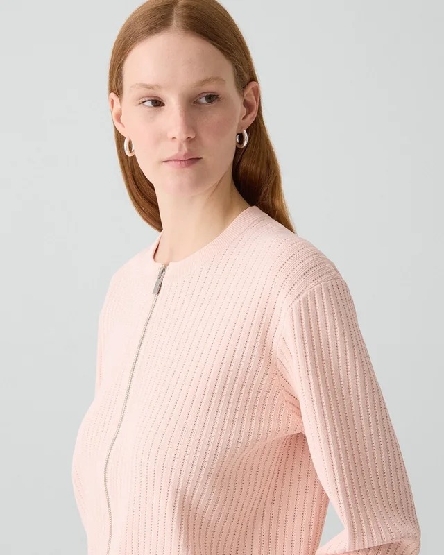 Theory Pointelle Cardigan in Crepe Knit in WARM PINK, photo 11 of 12 from Theory
