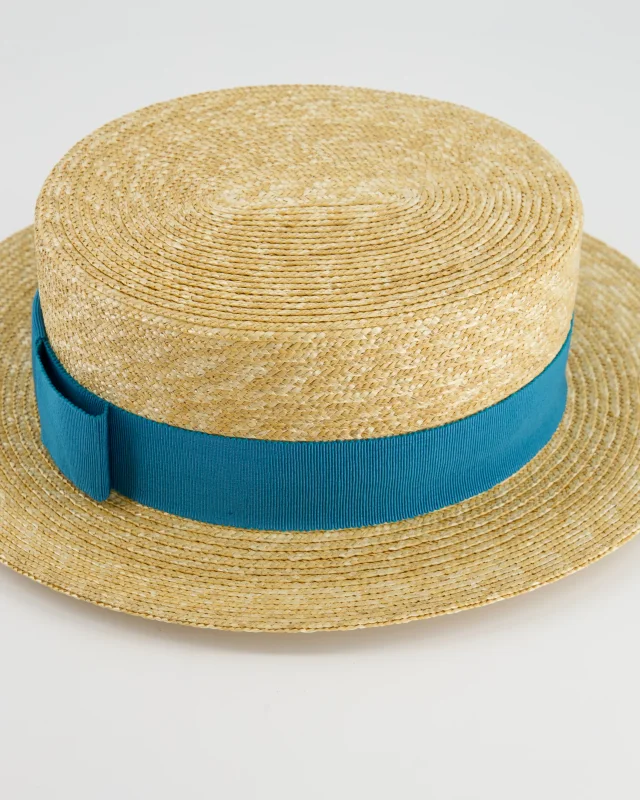 Prada Raffia Woven Hat with Teal Ribbon Detail Size L in Beige Woven leather from Sellier, photo 5 of 7
