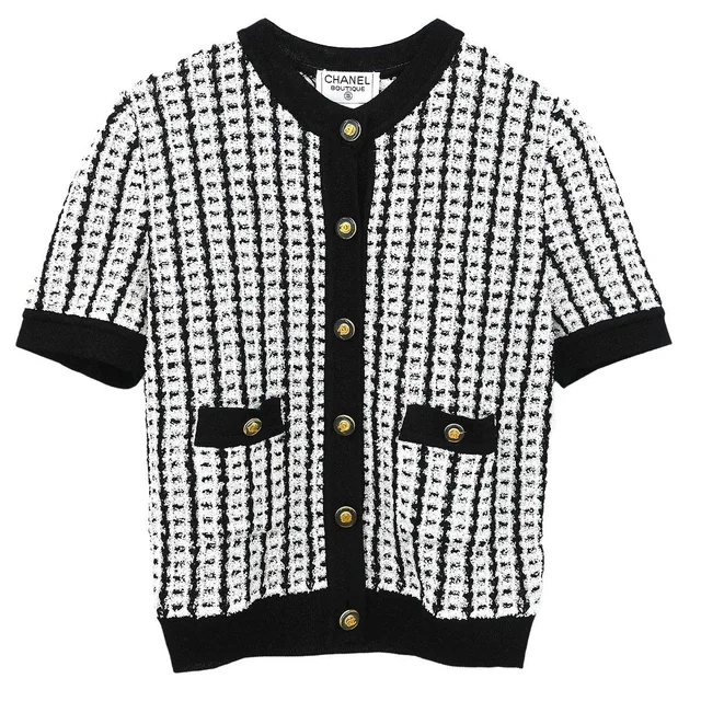 Chanel 1997 Tweed Cardigan Black #42 in Black Tweed from AMORE Vintage Tokyo