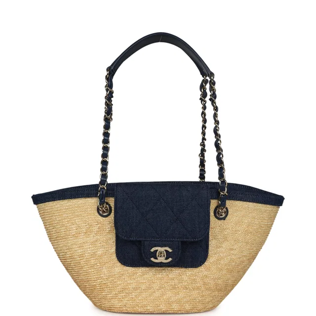 Chanel Small Coco Beach Shopping Tote Bag Beige Raffia and Dark Blue Denim Light Gold Hardware in Beige Raffia from Madison Avenue Couture