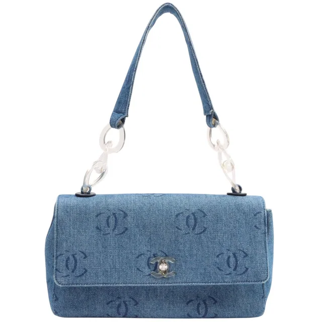 Chanel Circa 2001 Denim CC Turnlock Clear Chain Shoulder Bag, Blue in Blue Denim from VINTAGE QOO TOKYO
