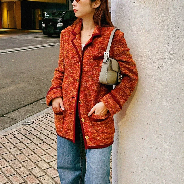 Saint Laurent Bouclé Logo Button Knit Jacket #M Orange/Multi-Color in Orange Wool from VINTAGE QOO TOKYO