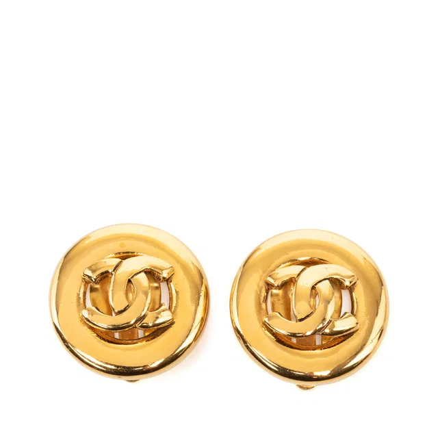 Gold Chanel CC Gold Plated Button Clip On Earrings in Gold from Designer Revival