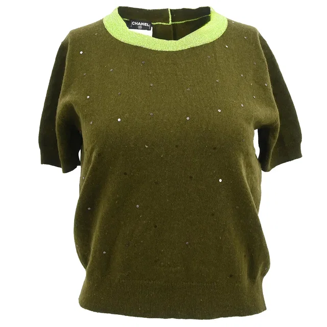 Chanel 1996 Short Sleeve Cashmere Sweater Khaki #44 in Green Cashmere from AMORE Vintage Tokyo