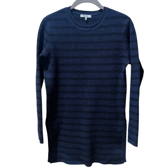 GANNI Navy Striped Crew Neck Cotton Michigan Sweater Size Medium in blue from Poshmark