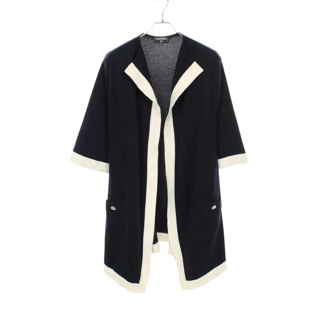 Chanel Cardigan CC Logo Button Long Cashmere Navy. White in White Cashmere from The Reluxe