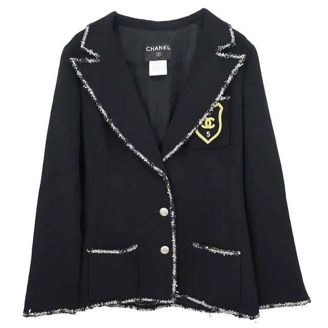 Chanel 2005 Emblem Single Breasted Jacket Black #40 in Black Wool from AMORE Vintage Tokyo