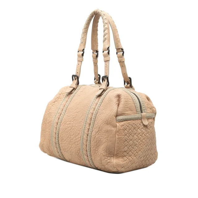 Bottega Veneta Intrecciato Trimmed Pebbled Lambskin Top Handle Bag in Beige Lambskin from Designer Revival, photo 2 of 7
