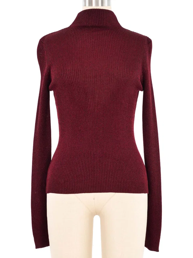 1980s Callaghan By Gianni Versace Burgundy and Black Metallic Turtleneck Top in Black from Arcade Vintage