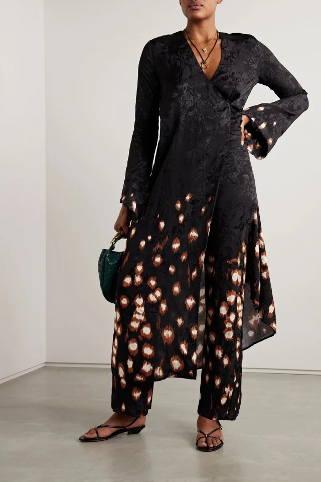 Johanna Ortiz Inner Strength Printed Satin-Jacquard Midi Wrap Dress in Black, photo 2 of 5 from THE OUTNET