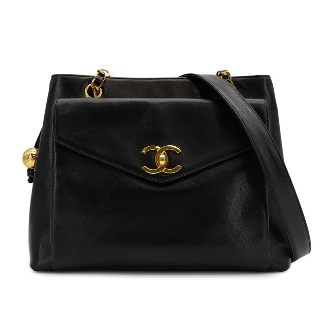 Chanel Vintage Turn Lock Chain Tote Bag Black Lamb Skin in Black from Luxury Promise