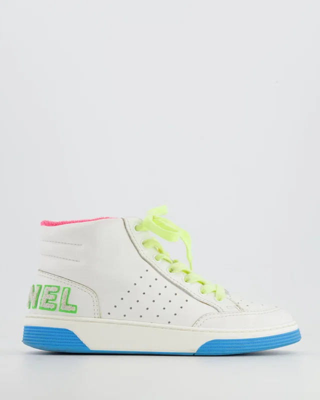 Chanel White and Multicolour Trainers with Green Logo Detail Size EU 38 in White Leather from Sellier