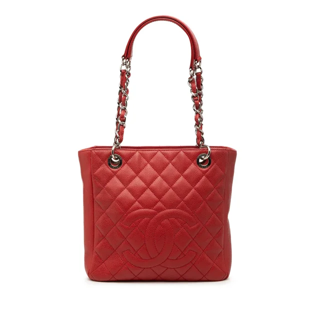 Red Chanel Caviar Petite Shopping Tote in Red Caviar leather from Designer Revival