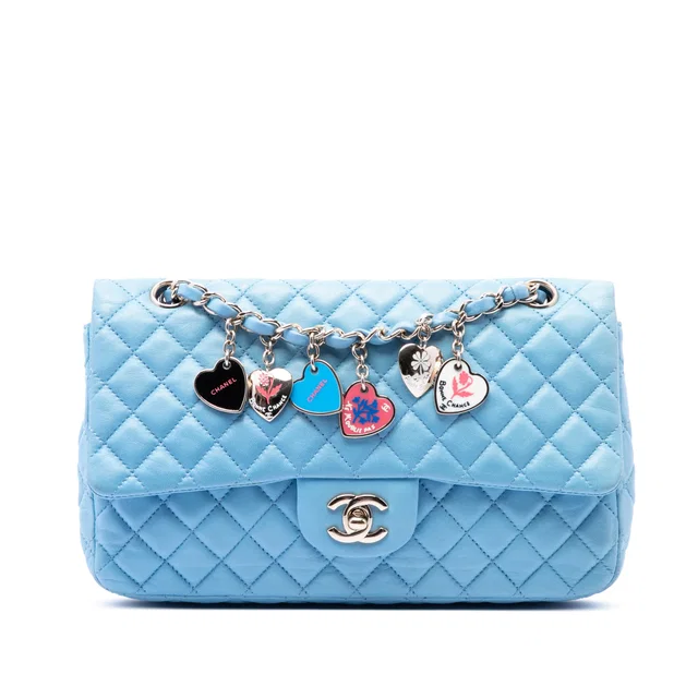 Blue Chanel Medium Classic Lambskin Valentines Heart Charms Single Flap Shoulder Bag in Blue Lambskin from Designer Revival