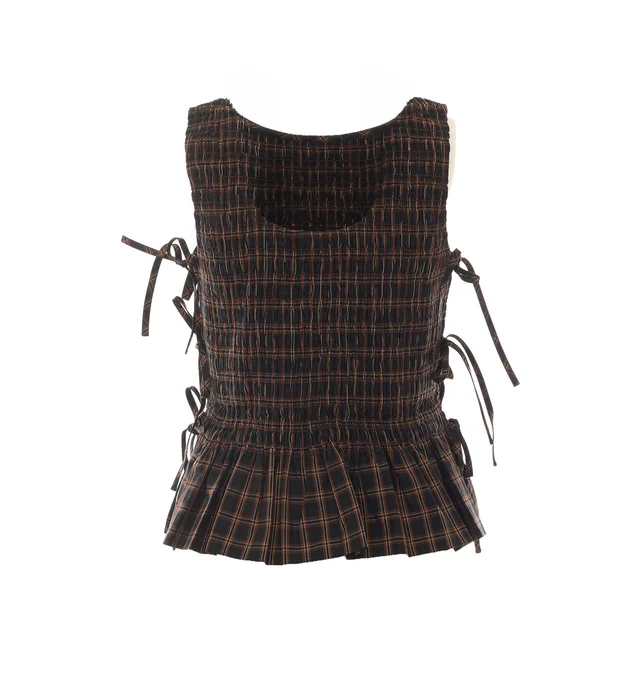 Ganni Smocked Check Lace-Up Top, photo 2 of 8 from SENSER