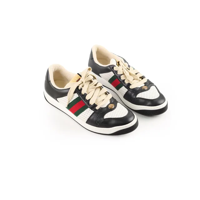 Gucci Men's Screener Perorated Leather Sneakers Black/White Size 41 in Black Leather from The Purse Affair