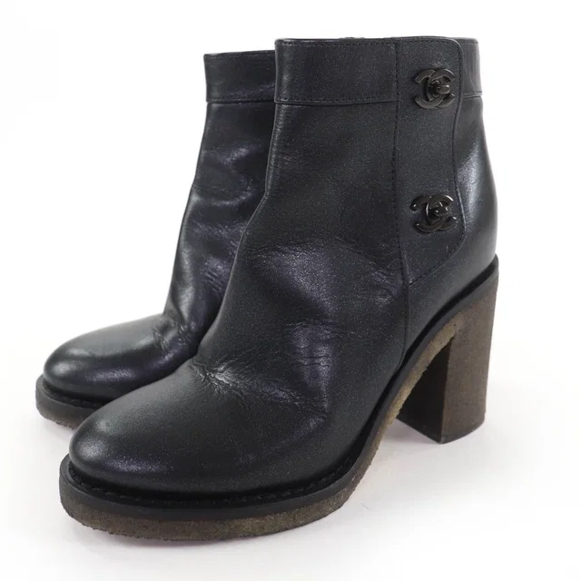 Chanel Double CC Logo Lame Leather Short Boots in Black Leather from The Reluxe