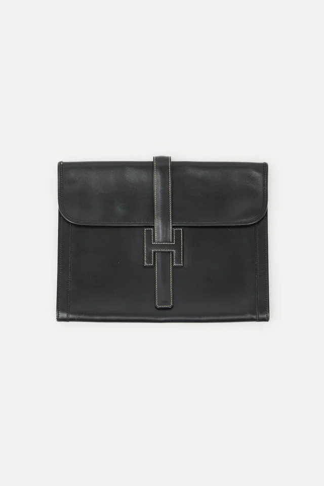 Hermès 1985 Noir Box Jige GM Clutch in Black Box leather from VSP Consignment