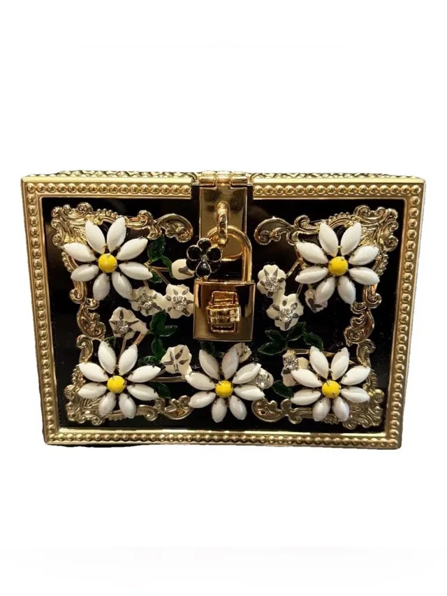 Dolce & Gabbana Gold Floral Daisy Box Clutch - Black/White/Yellow in yellow|white from Poshmark