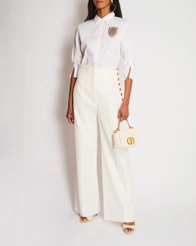 Dior White Button Down Embellished Shirt with Ruched Arm Detail Size FR 40 (UK 12) in White from Sellier