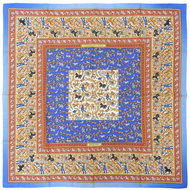 Hermès Carre 90 CHASSE EN INDE Scarf Blue/Multi in Blue Silk from VINTAGE QOO TOKYO, photo 9 of 10