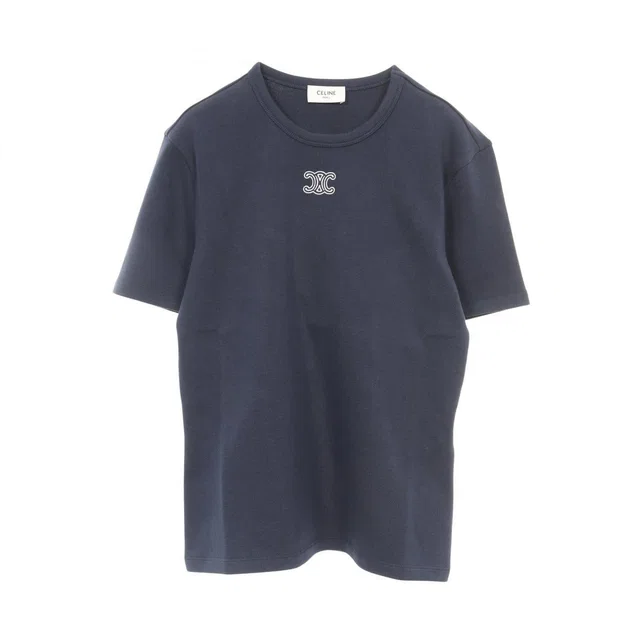 Celine Short Sleeve T-Shirt Triomphe Navy Cotton in Navy from The Reluxe