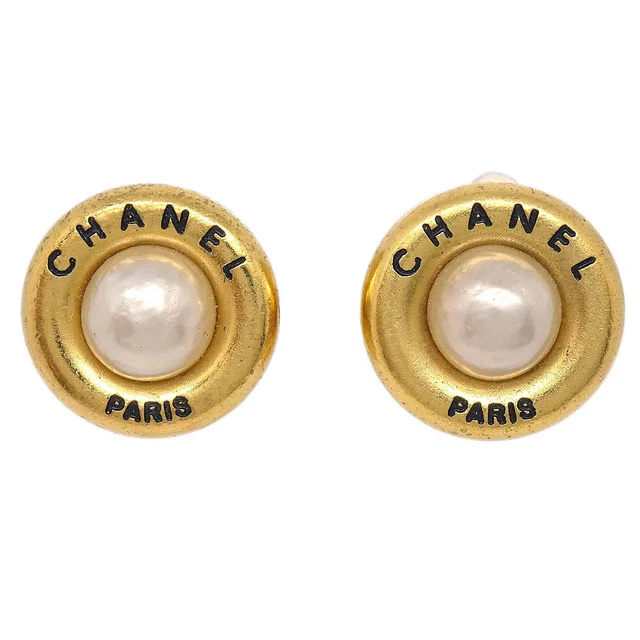 Chanel Costume Pearl Button Clip-On Earrings Gold 94P in Gold from AMORE Vintage Tokyo