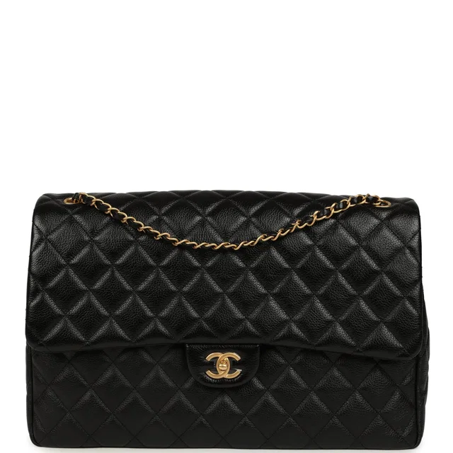Chanel XXL Classic Single Travel Flap Bag Black Shiny Aged Calfskin Brushed Gold Hardware in Black Calfskin from Madison Avenue Couture