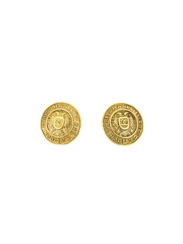 Chanel Crested Logo Button Earrings from Arcade Vintage
