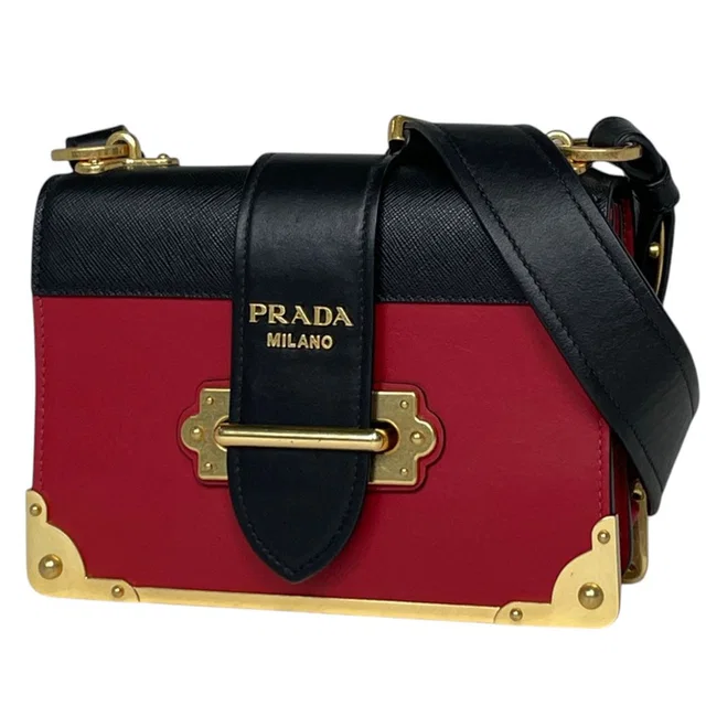 Prada Shoulder Bag Cahier Leather Red Black in Black Leather from The Reluxe