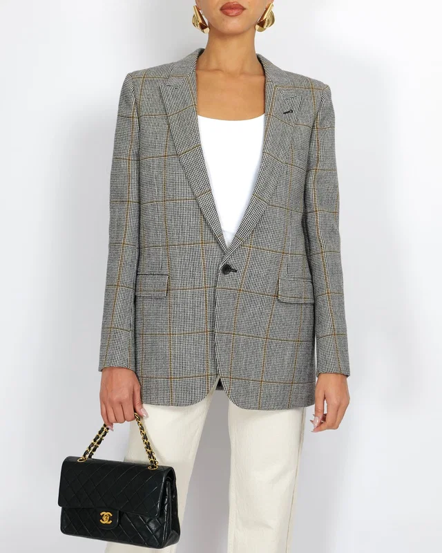 Saint Laurent Black and White Houndstooth Blazer Jacket Size FR 40 (UK 12) in Black Silk from Sellier