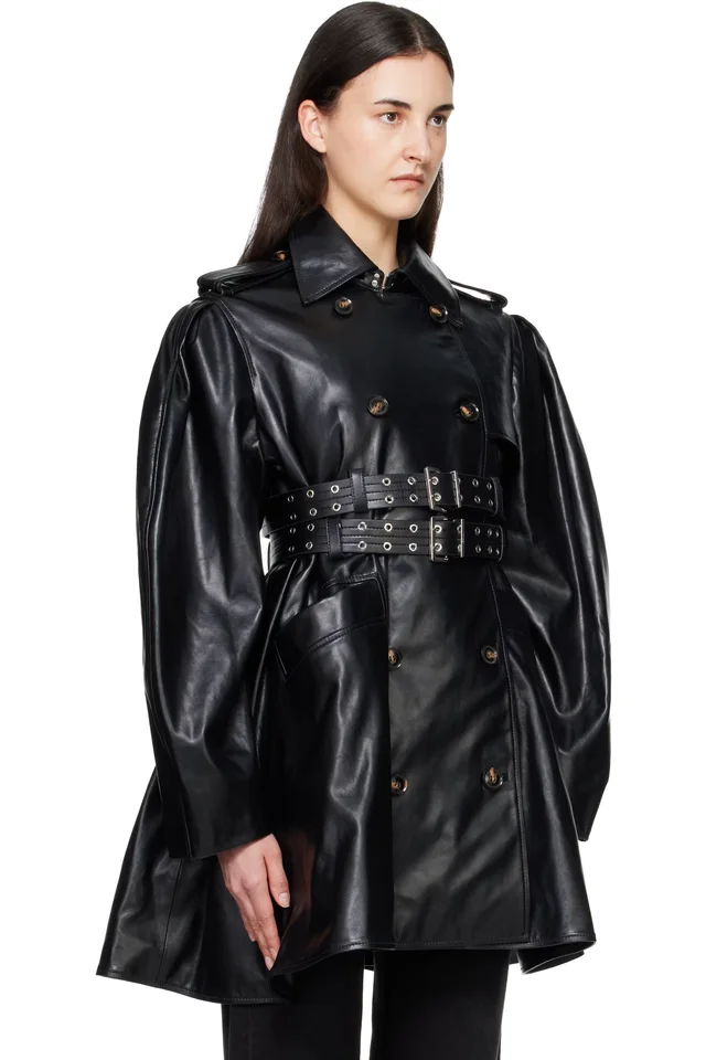 GANNI Black Peplum Recycled Leather Trench Coat, photo 2 of 4 from SSENSE