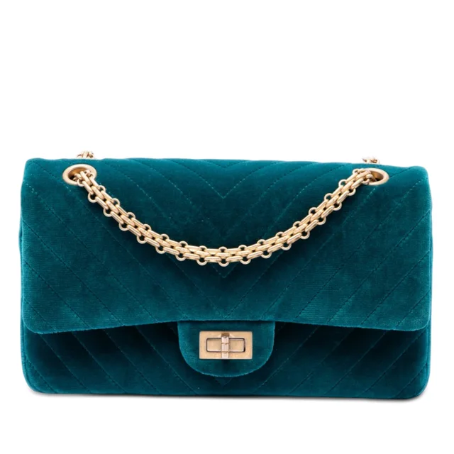 Blue Chanel Chevron Velvet Reissue 2.55 Double Flap 225 Shoulder Bag in Blue Velvet from Designer Revival