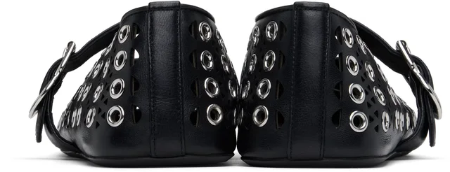 ALAÏA Black Vienne Lambskin Eyelets Ballerina Flats, photo 2 of 8 from SSENSE