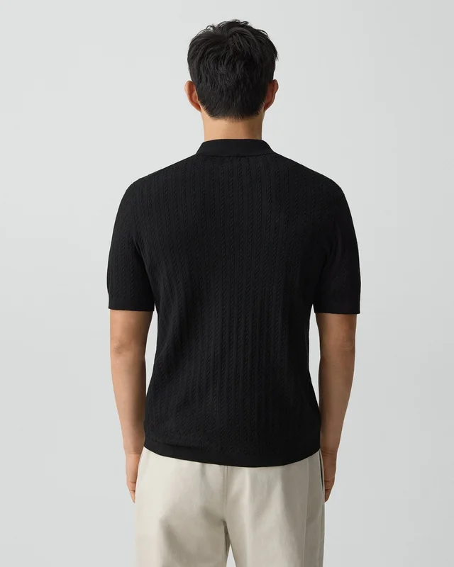 Theory Soris Cable-Knit Polo Shirt in Light Bilen in BLACK 62% Viscose, 38% Polyester; Exclusive Of Elastic, photo 3 of 14 from Theory