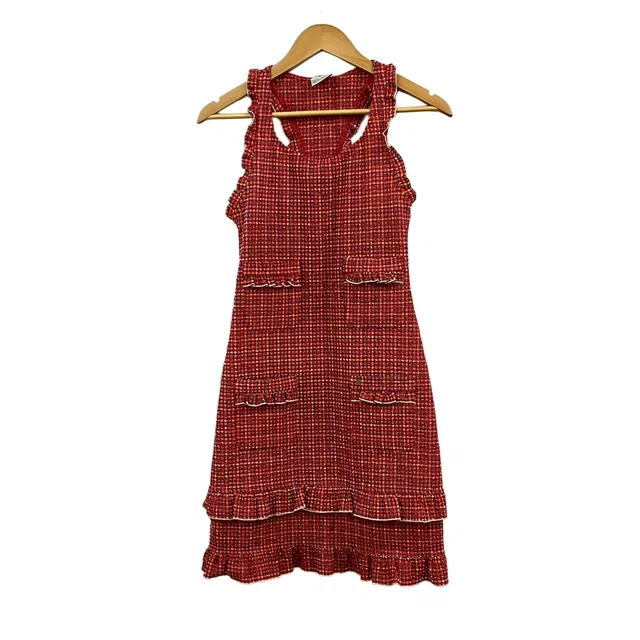 Chanel Dress M Red Yellow Multi Sleeveless Long Plaid Pattern Frills in Red from The Reluxe