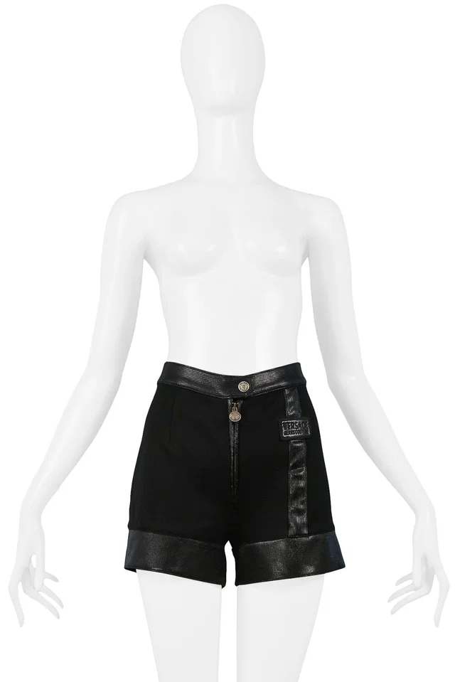 Versace Couture Black Shorts With Vinyl Trim in Black Woven leather from Resurrection Vintage