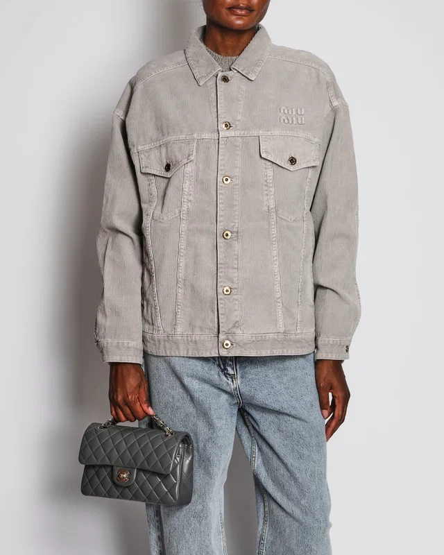 Miu Miu Grey Velvet Corduroy Jacket with Logo Detail Size IT 40 (UK 8) in Grey Velvet from Sellier