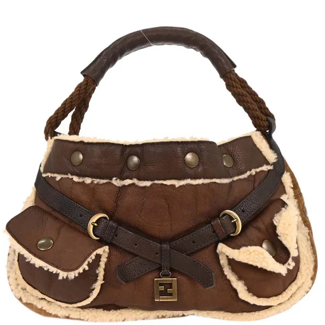 Fendi Brown Leather Zucchino Shearling Bag Handbag in Brown Leather from AMORE Vintage Tokyo