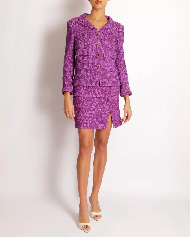 Chanel Cruise 2021 Purple Tweed Jacket and Mini Skirt Set with Gold Glitter CC Button Details Size FR… in Purple Tweed from Sellier