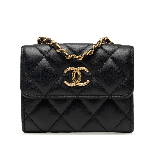 Black Chanel CC Quilted Lambskin Card Holder On Chain Crossbody Bag in Black Lambskin from Designer Revival