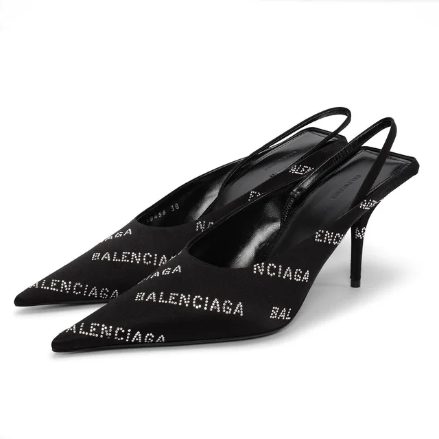 Balenciaga Square Knife Crystal Logo Slingbacks 38 in Black Satin from Blue Spinach