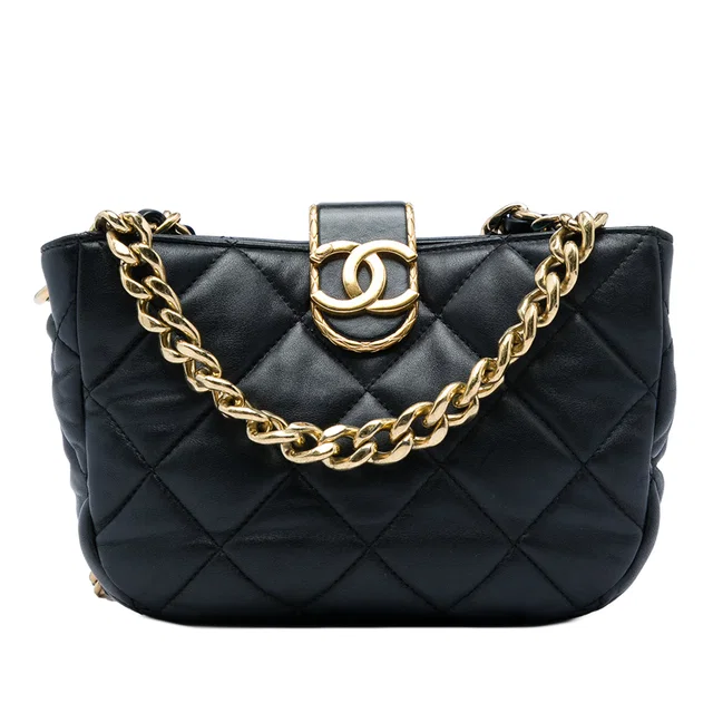 Black Chanel CC Quilted Lambskin Chain Hobo Bag Satchel in Black Lambskin from Designer Revival
