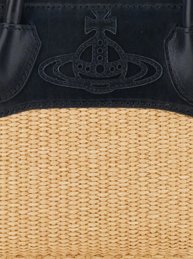 VIVIENNE WESTWOOD 'Troy' Beige Small Handbag with Logo Orb Embossed on the Front and Raffia Effect in Cotton Blend for Women in Beige 58% Cotton 42% Polyamide, photo 9 of 10 from Gaudenzi Boutique