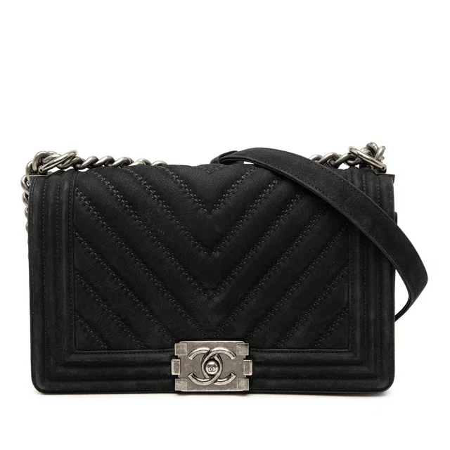 Black Chanel Old Medium Chevron Suede Boy Flap Crossbody Bag in Black Suede from Designer Revival