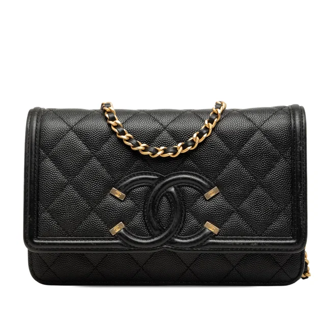 Black Chanel Caviar CC Filigree Wallet On Chain Crossbody Bag in Black Caviar leather from Designer Revival
