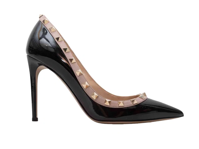 Black & Beige Valentino Pointed-Toe Rockstud Pumps Size 38 in Black Patent leather from Designer Revival