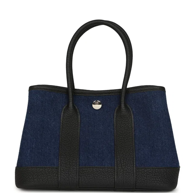 Hermès Garden Party Neo 23 Denim Moyen, Black Negonda Palladium Hardware in Black Denim from Madison Avenue Couture
